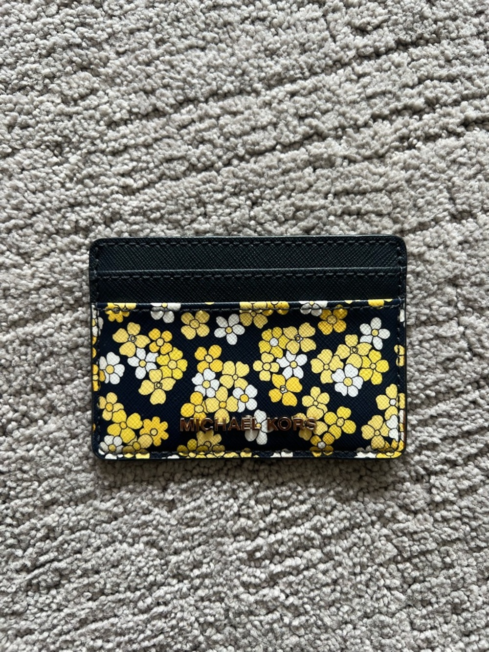 Michael Kors Navy Floral Card Holder with Yellow & White Blooms